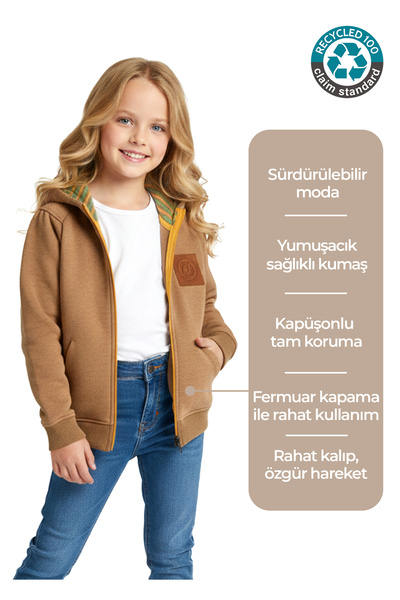 Ozmoz By Mukadder Özden Sustainable Zippered Hooded Light Brown Winter Girl's...