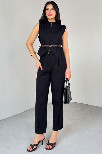 Cappmoda TKM-13282 Siyah Fermuarlı Kemerli Yelek Pensli Pantolon İkili Takım