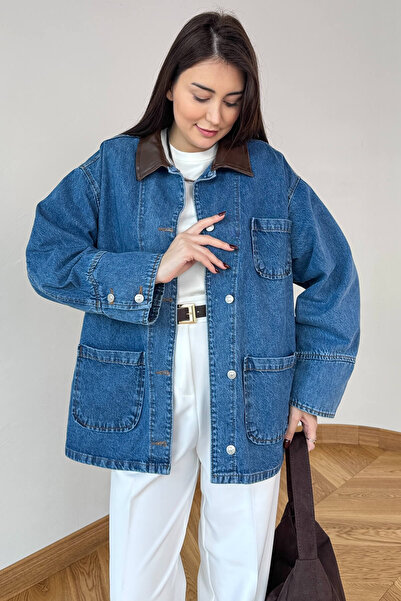 Cappmoda Ckt-250570 Blue Leather Collar Buttoned Oversize Denim Jacket