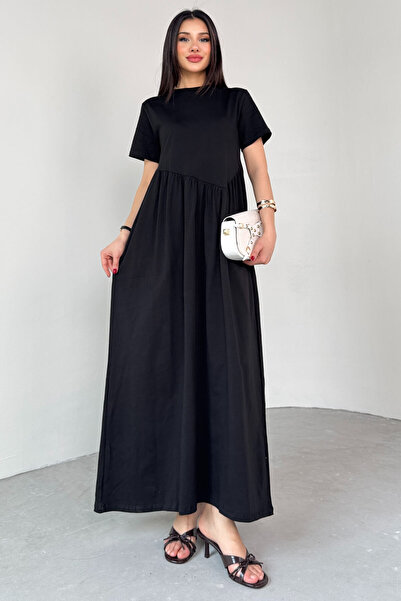 Cappmoda Elb-01763 Black Waist Pleat Detailed Short Sleeve Midi Dress