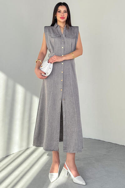 Cappmoda Elb-01788 Smoked Polo Collar Pocket Tie Detail Raw Linen Shirt Dress