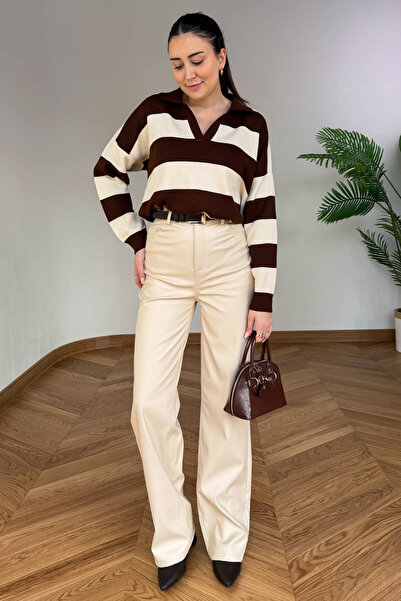 Cappmoda PNT-07425 Bej İçi Polarlı Suni Deri Palazzo Pantolon