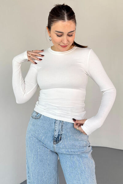 Cappmoda BLZ-06289 Beyaz Parmak Geçirmeli Merserize Likralı Pamuklu Basic Bluz