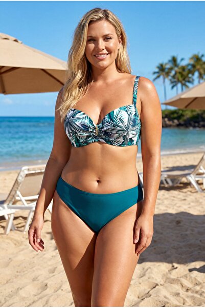 hazelin Women's Turquoise Patterned High Waist Lined Plus Size Bikini Set Hzl...
