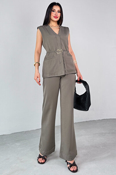 Cappmoda Tkm-25122 Khaki Pocket Belt Detailed Vest Wide Leg Trousers Two Piec...