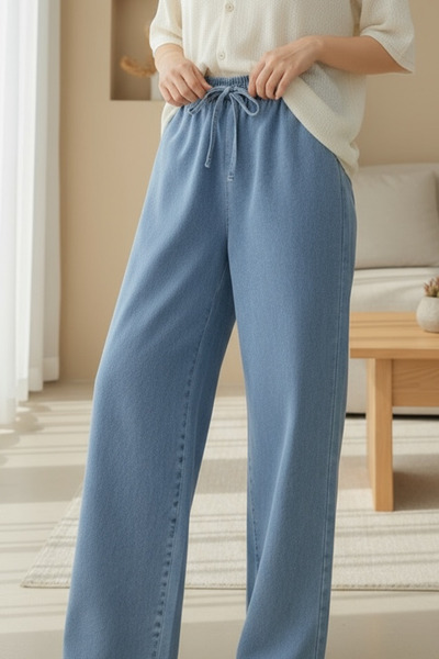 HİJABAYA Bol Paça Beli Lastikli Bağcık Detaylı Kot Pantolon