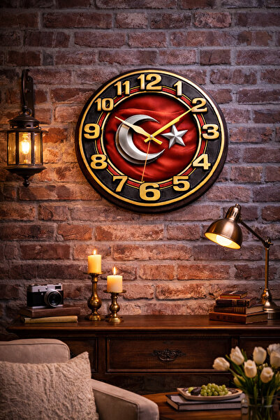 RARE DESIGN'S Milli Asalet -Türk Bayraklı Gold Detaylı Duvar Saati 40 cm | Pr...