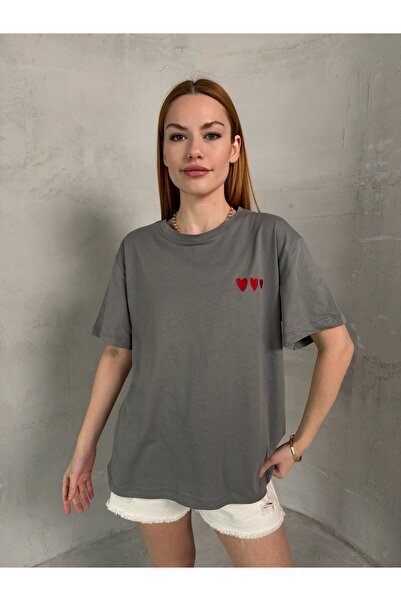 Cappmoda T-911 Καπνιστή Κόκκινη Καρδιά Κεντημένη Κοντομάνικη Βαμβακερή Μπλούζα