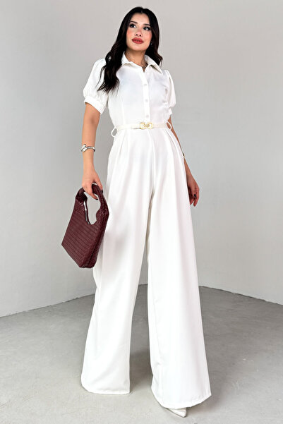 Cappmoda Elb-01795 White Belted Shirt Collar Pleated Polyviscon Jumpsuit