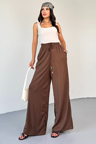 Cappmoda PNT-07408 Kahverengi Bürümcük Kumaş İp Boncuklu Salaş Pantolon