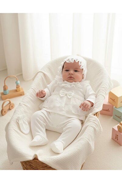 MİNİBORN طقم خروج من المستشفى مكون من 5 قطع من القطن بتفاصيل دانتيل فاخرة للف...