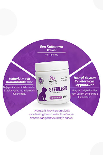Vet's Plus Sterilised Çiğnenebilir Tablet 60'lı (Kısır Kediler için Yaban Mersinli İdrar Yolu Sağlığı Desteği)