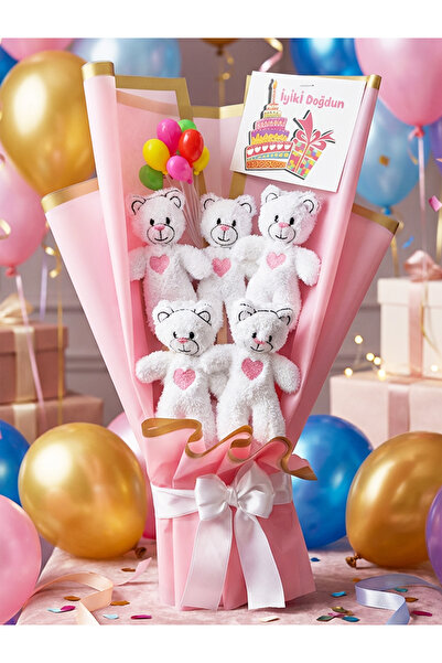 lenostra Dogum Gunu Hediye Sevgiliye Kız Kardeşe Ayıcık Buketi Dogumgunu Pemb...