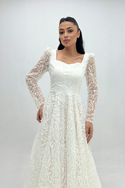 giyimmasalı Simli Kumaş Kare Yaka Midiboy Elbise - Beyaz