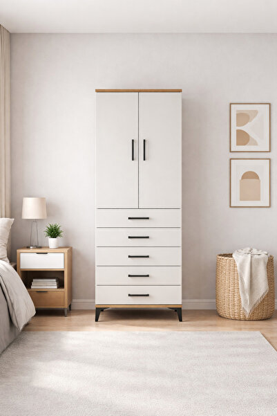 Dienni Hyperion Dolap Tek Raflı 5 Çekmeceli Tek Askılı 60x44x195 Çam-Aytaşı