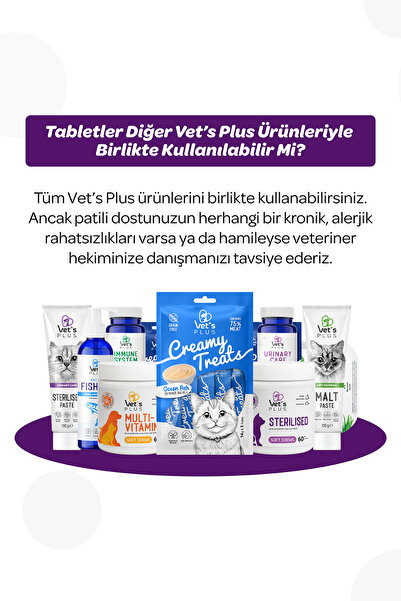 Vet's Plus Sterilised Çiğnenebilir Tablet 60'lı (Kısır Kediler için Yaban Mersinli İdrar Yolu Sağlığı Desteği)