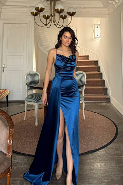 Mekafashion Βραδινό φόρεμα Allyso Degaje Indigo με σκίσιμο στο λαιμό