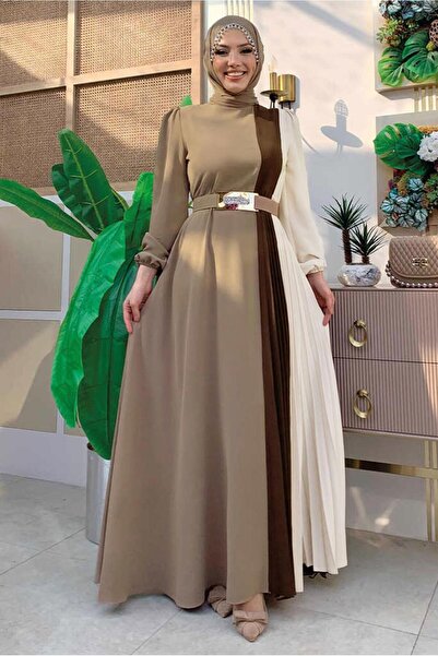 TRENDTESETTÜR KADIN VİZON ÜÇ RENKLİ PİLİSELİ ELBİSE T 2263