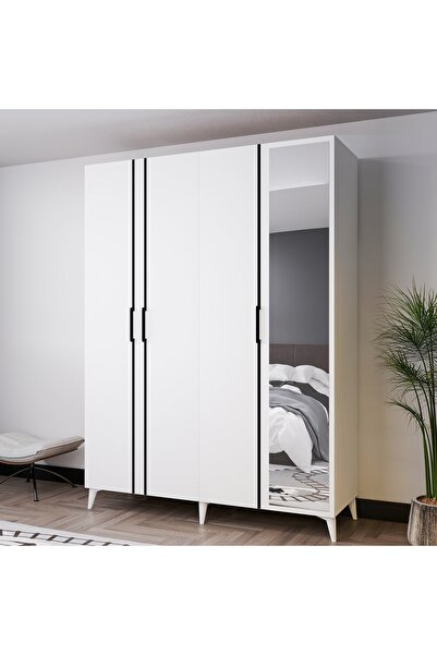 AZZURİ MEZZO 140 cm 4 Kapaklı Aynalı Genç Odası Dolabı-Gardırop-Dolap Beyaz A...