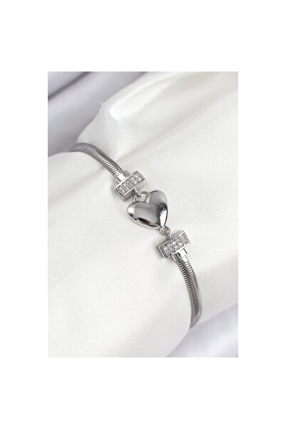 CANSA Brass Zircon Stone Heart Model Silver Color Women's Bracelet