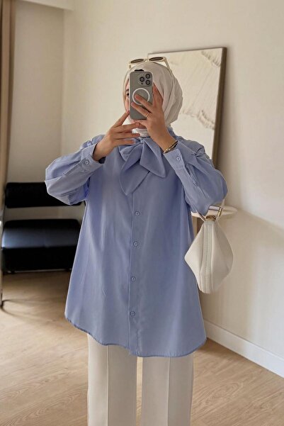 HİFADEN Kadın Yakası Bağcıklı Fiyonklu Oversize Tesettür Gömlek