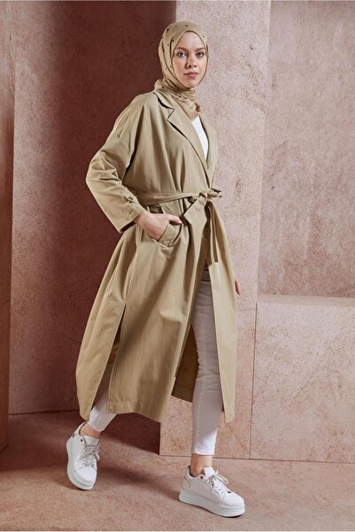 TRENDTESETTÜR KADIN KAHVE (CAMEL) KUŞAKLI PAMUKLU TRENÇKOT T 1201