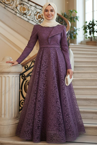 Neva Style Dantelli Lila Tesettür Abiye Elbise 22421LILA