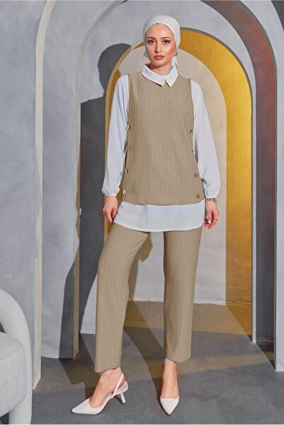 TRENDTESETTÜR KADIN KAHVE (A.CAMEL) ÇİZGİLİ ÜÇLÜ YELEKLİ TAKIM T 5443