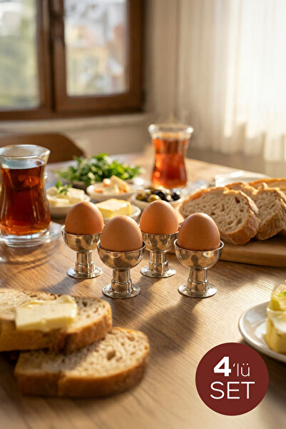 Vienev 4'lü Gümüş Renk Metal Yumurtalık Seti Şık Kahvaltı Sunumu - Yumurta Kabı