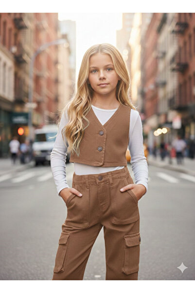 Hilal Akıncı Kids سترة جينز للفتيات باللون الأبيض وبنطلون بجيب البضائع مكون م...