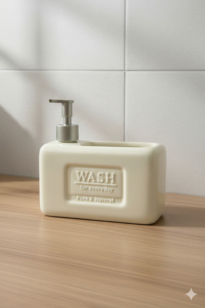 KirazEv Seramik Sıvı Sabunluk & Deterjanlık Sünger Hazneli 500 ML Krem