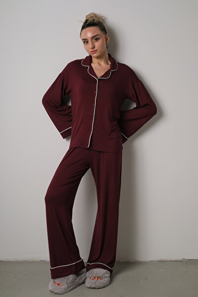 Coral Wears Gömlek Yaka Bordo Pijama Takımı
