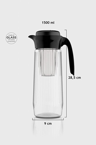 Renga Daisy 1500 ml Siyah Kapaklı Süzgeçli Gravürlü Detoks Cam Sürahi 111025