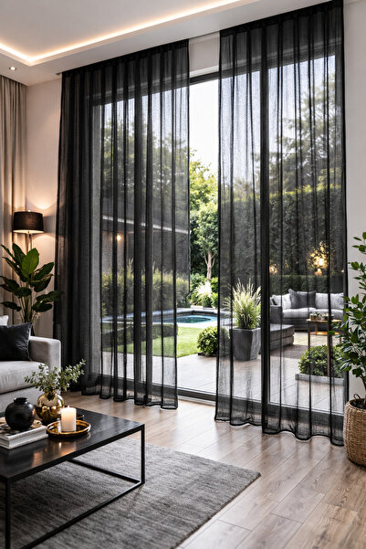 perde plus Linen Look Black Plain Tulle Curtain, No Ironing Required