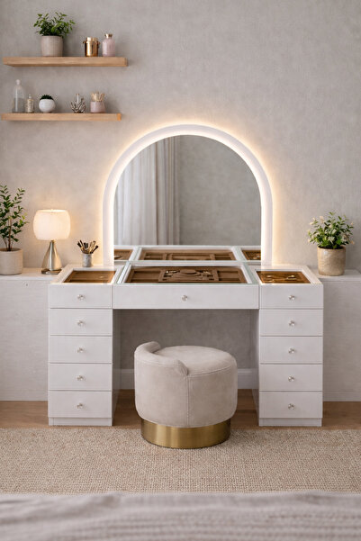 Setay Aynalı Makyaj Masası, Lavin Cam Üst Bölmeli Takı Düzenleyicili Şifonyer