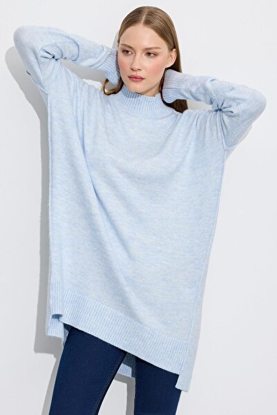 Tığ Triko Dikiş Detaylı Basic Triko Tunik MAVİ