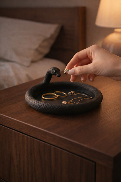 Eva Dekorasyon Yılan Figürlü Takı Tabağı Organizer Dekoratif Obje Siyah