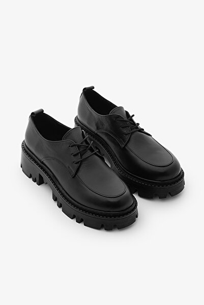 SAYL Siyah Hakiki Deri Kalın Tabanlı Bağcıklı Kadın Oxford Ayakkabı