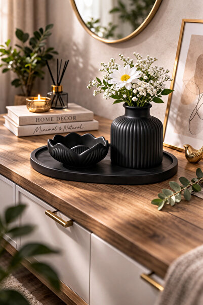 StoneVia Lüks Siyah Vazo, Dekoratif Lotus Mumluk ve Tepsi 3’lü set