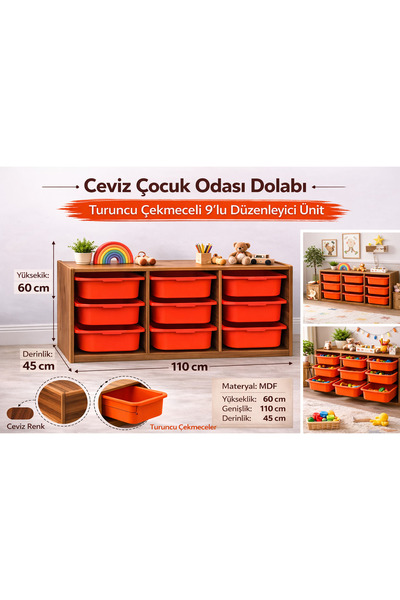 Industrial Living 18mm MDF Ceviz Çocuk Odası Dolabı, Kırmızı Çekmeceli 9’lu D...