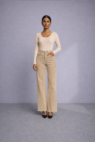 Ecenin Favorileri Bež široke Sirovi porub široke ženske farmerke