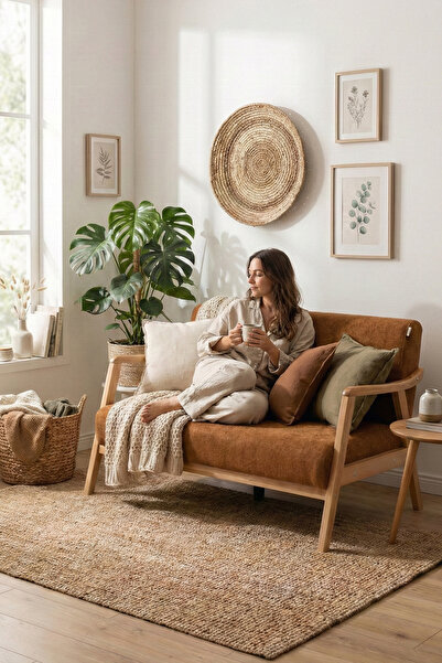 Zem Sevilla Bohem İkili Kanepe Natürel Ahşap, Hardal