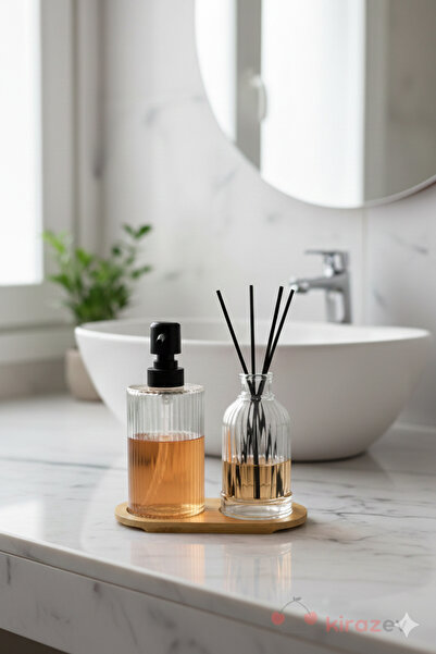 KirazEv Cam Dekoratif Sıvı Sabunluk ve Koku Seti – Bambu Stantlı