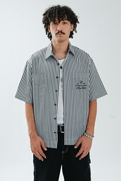 GRJ denim Siyah Çizgili Pamuklu Oversize Erkek Gömlek