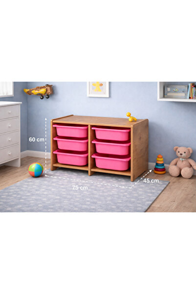 Industrial Living 18mm MDF Ceviz Çocuk Odası Dolabı, Pembe Çekmeceli 6’lı Düz...