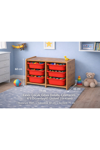 Industrial Living 18mm MDF Ceviz Çocuk Odası Dolabı, Kırmızı Çekmeceli 6’lı D...