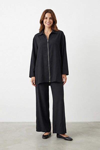 Puane Women's Shirt Collar Zippered Tunic Pants Set – 14446Tks - Black