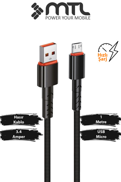 MTL 3.4A USB to Micro USB Hasır Örgülü Hızlı Şarj ve Data Kablosu 1 Metre Siy...