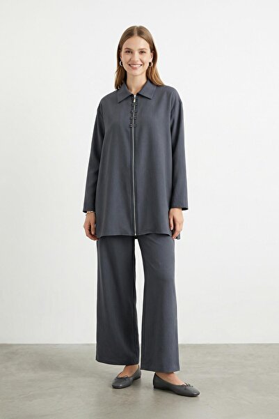 Puane Women's Shirt Collar Zippered Tunic Pants Set – 14446Tks - Anthracite