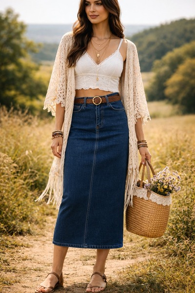 Dema Дамска памучна тъмно синя дънкова пола